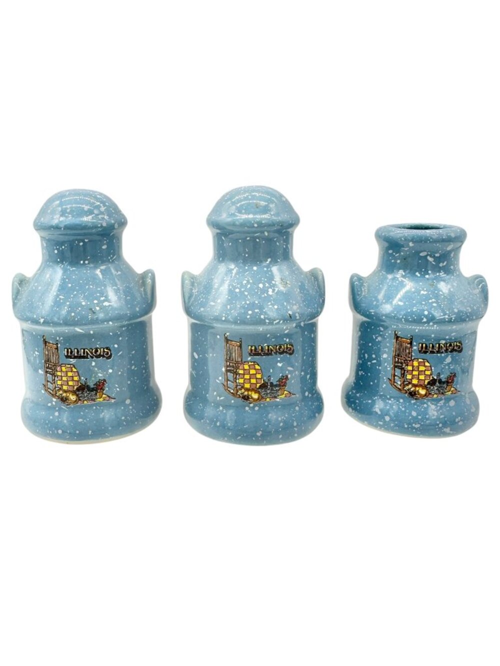Vtg Illinois Blue Speckled Milk Can 3pc Set Salt Pepper Shakers Toothpick Holder